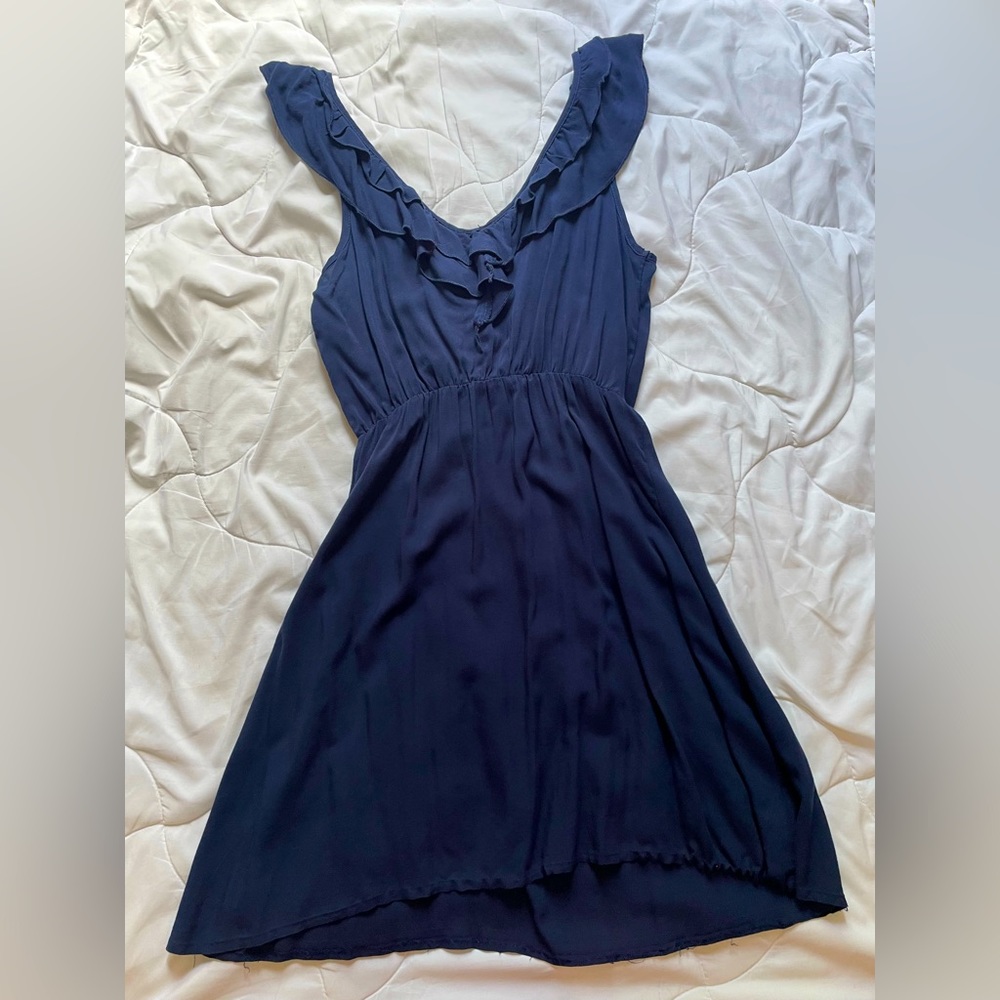 Mini Navy Blue Sundress V Neck with small ruffles